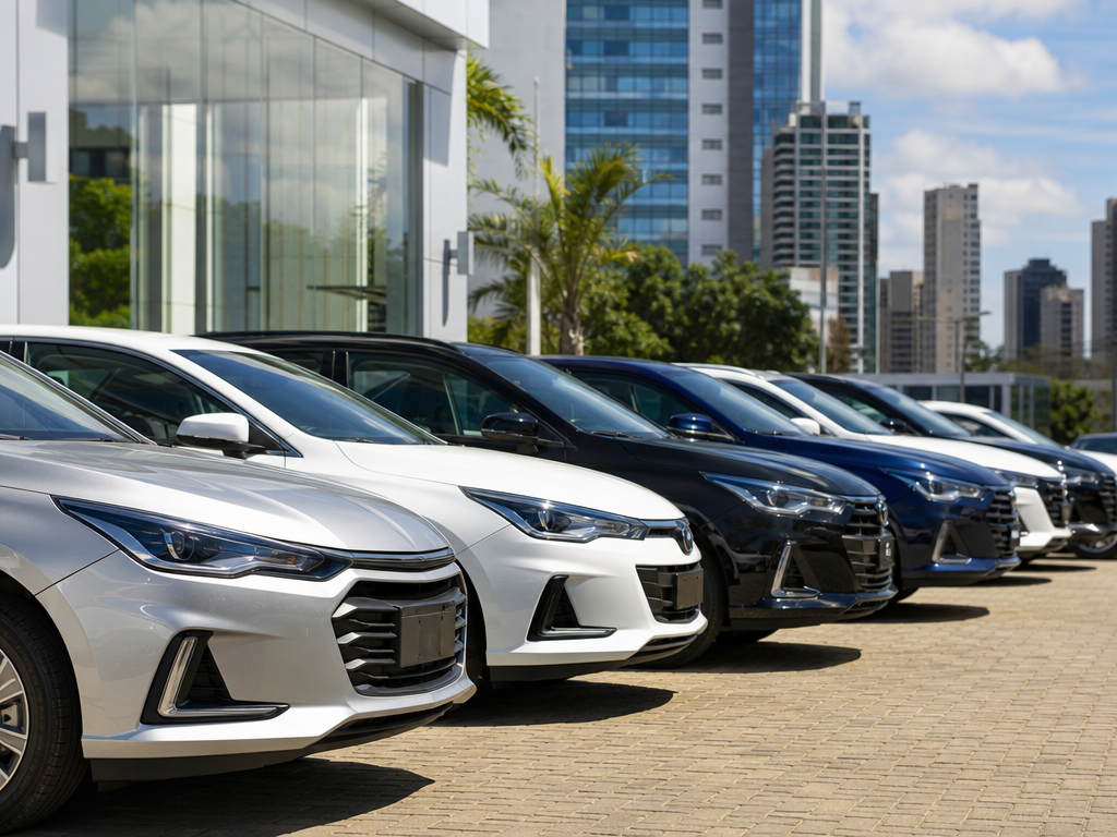 Carros novos e seminovos alinhados em pátio de concessionária moderna