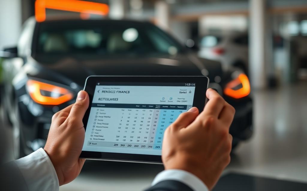 Consulta do status do financiamento de um veículo em um tablet dentro da loja