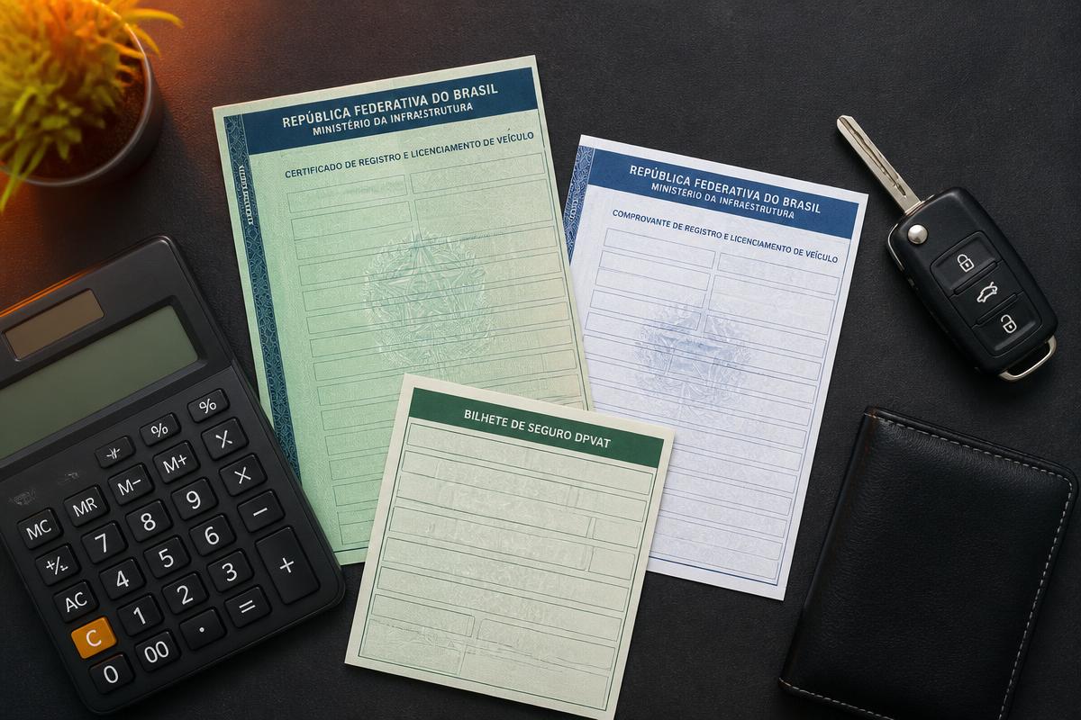 Documentos de veículo, calculadora e chave sobre uma mesa escura
