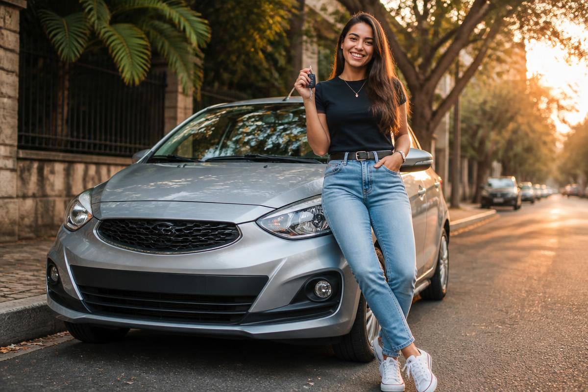 Mulher sorrindo ao lado do seu carro segurando a chave em rua arborizada