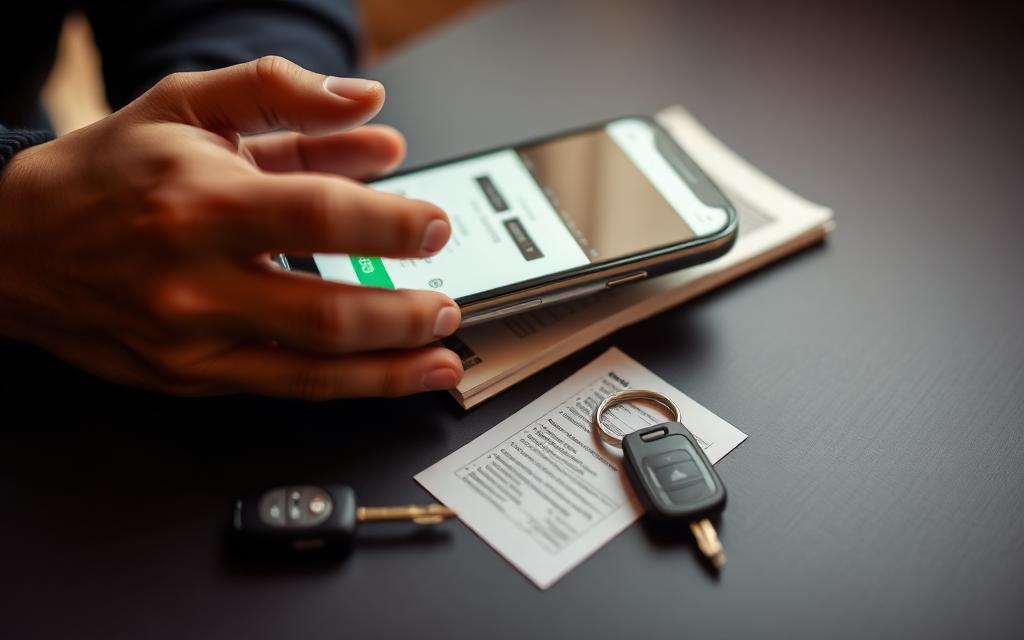 Pessoa quitando financiamento pelo aplicativo do banco com chave do carro sobre a mesa