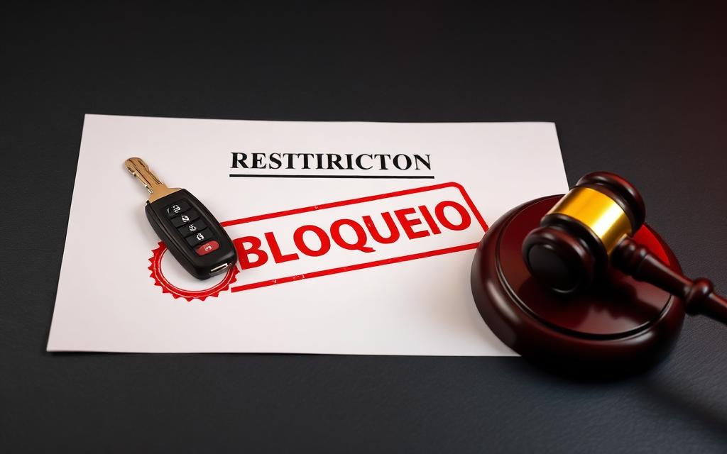 Documento judicial com carimbo de bloqueio ao lado de chave de carro e martelo